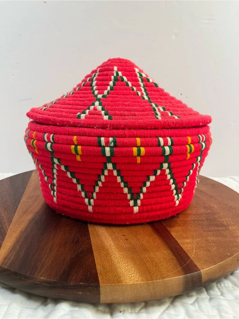 Vintage Ethiopian Handwoven Red Decorative Storage Basket with Lid